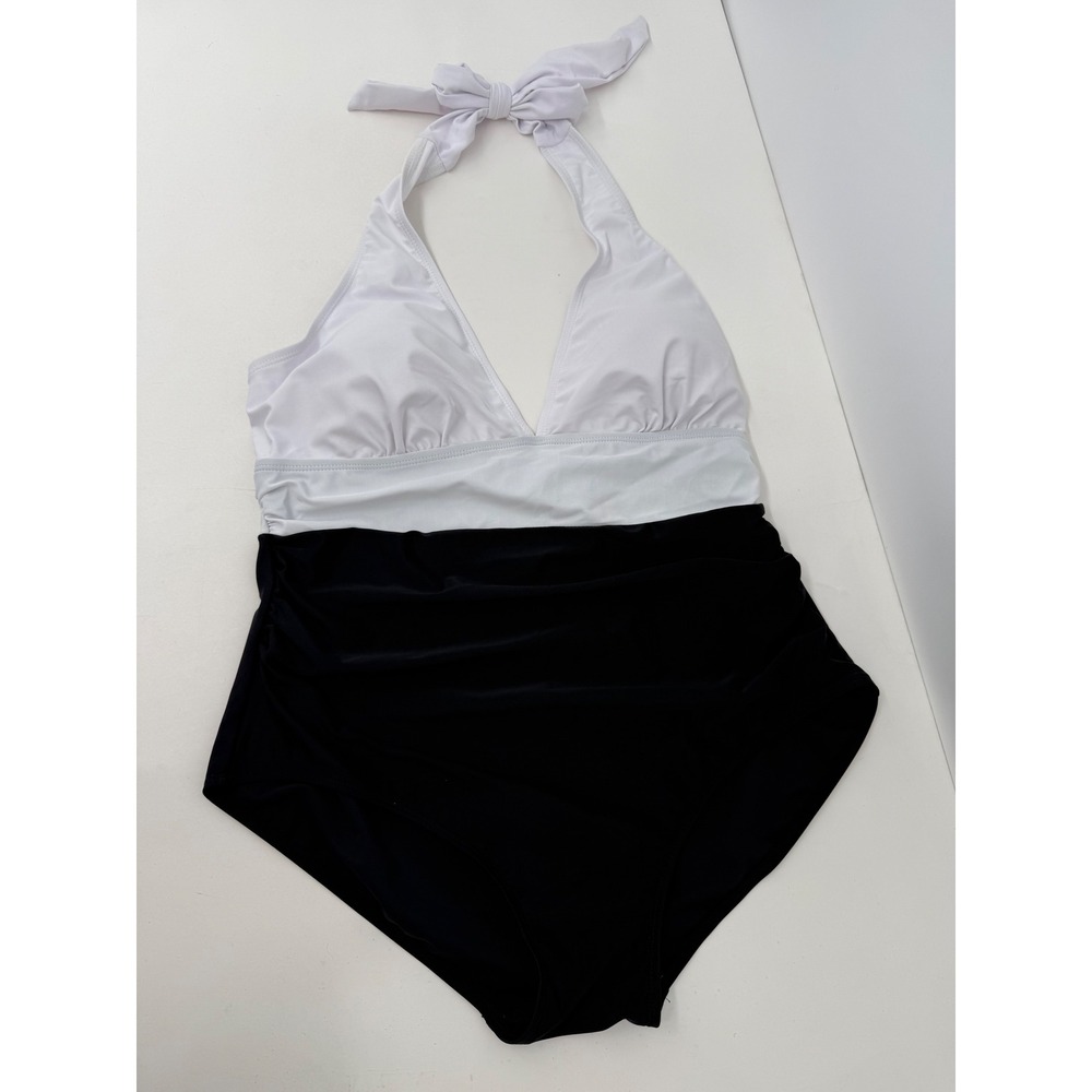 Meetcurve Womens Black White Colorblock Halter One Piece Swimsuit Sz L Padded